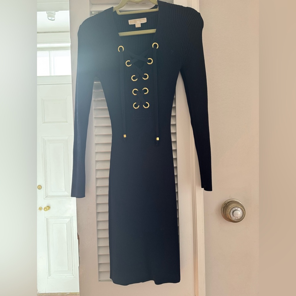 Michael Kors Black Long Sleeve Lace-Up Dress